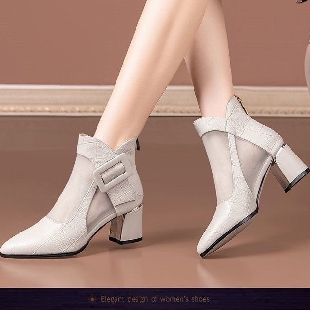 Giày Bốt Cao Gót Da Thật Mềm Phối Lưới Rỗng Thời Trang Mùa Xuân 2023 Cho Nữ