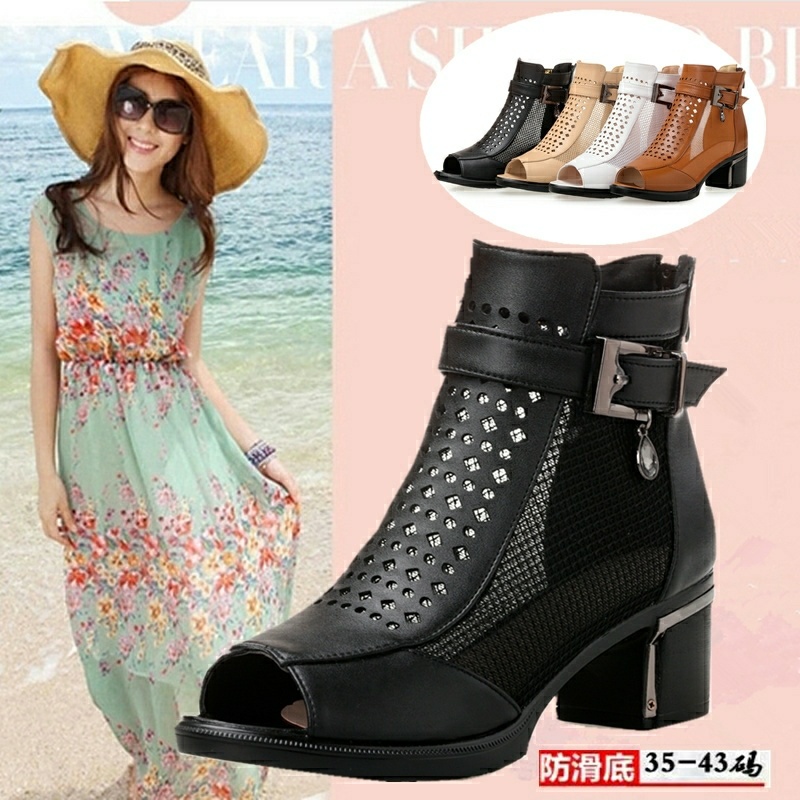 Giày Sandal Cao Gót Hở Mũi Chất Liệu Da Mềm Phối Lưới Thời Trang Xuân Hè Cho Nữ