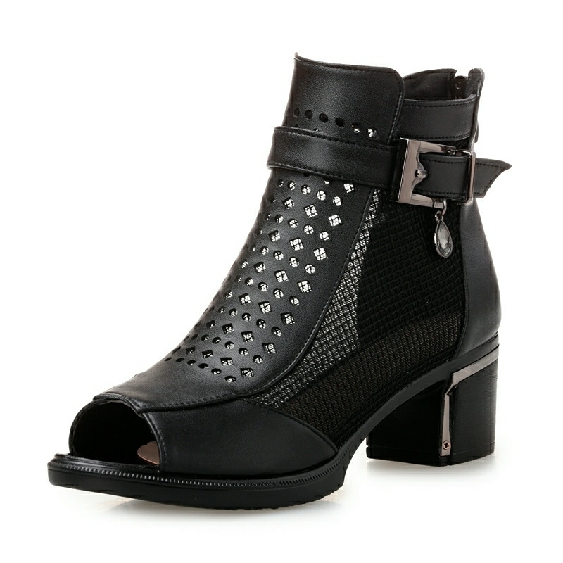 Giày Sandal Cao Gót Hở Mũi Chất Liệu Da Mềm Phối Lưới Thời Trang Xuân Hè Cho Nữ