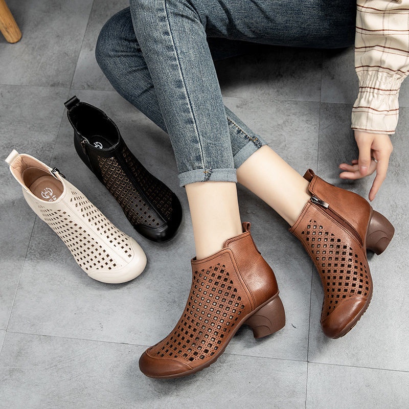 Giày Bốt Đế Dày Đục Lỗ Thoáng Khí Có Khóa Kéo Thời Trang Xuân Thu 2023 Cho Nữ