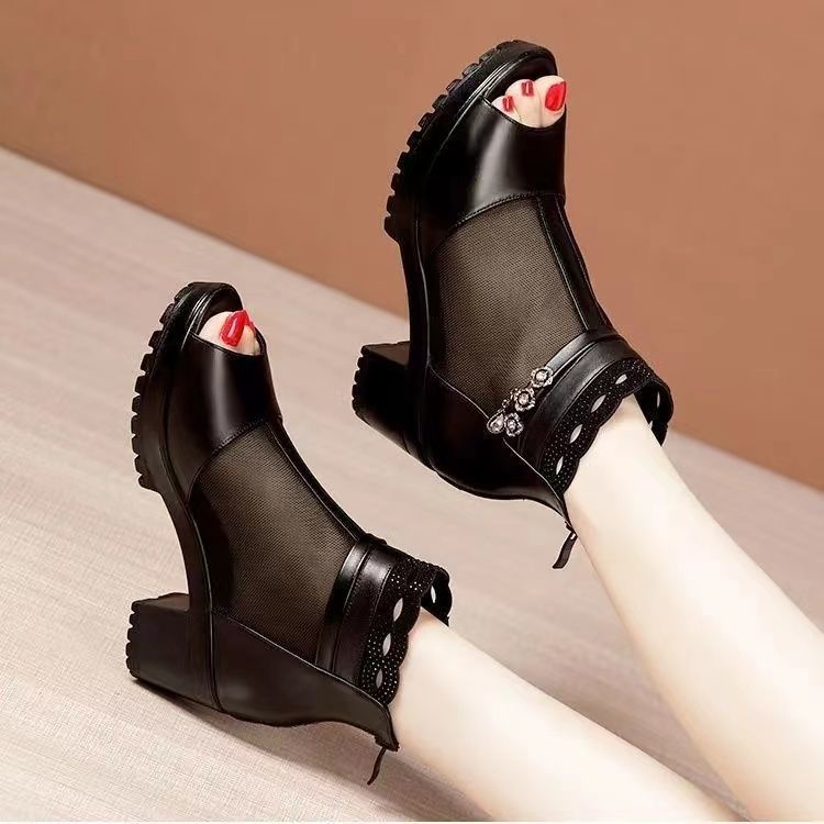 Giày Sandal Cao Gót Hở Mũi Chất Liệu Da Thật Phối Lưới Thời Trang Mùa Hè Cho Nữ