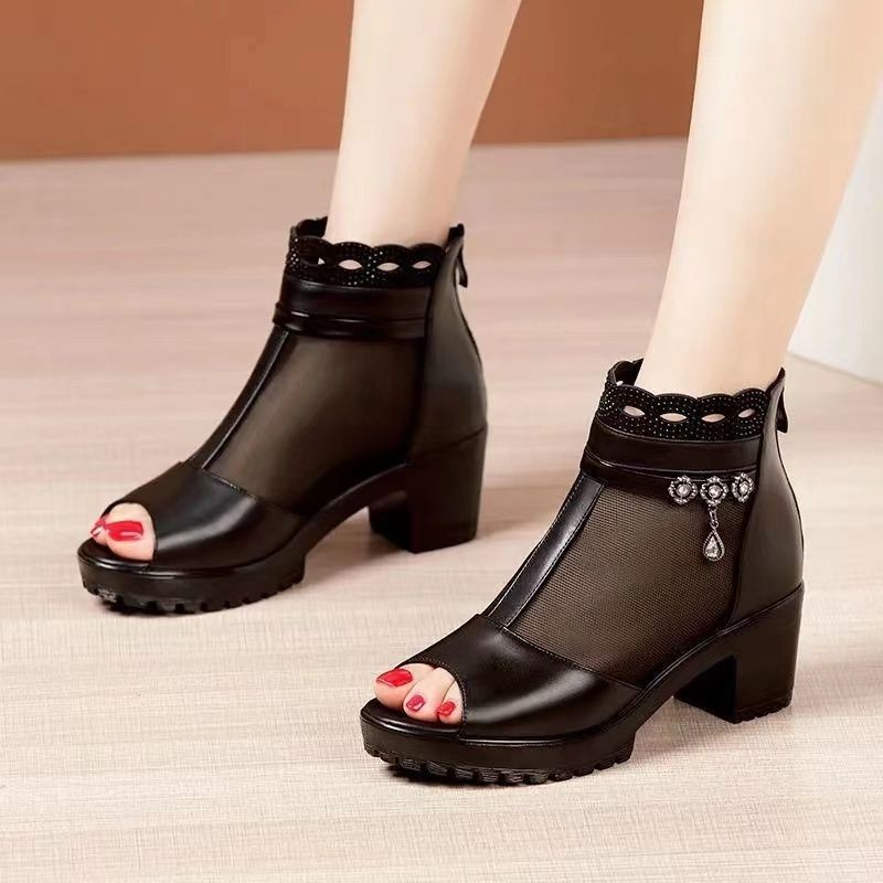 Giày Sandal Cao Gót Hở Mũi Chất Liệu Da Thật Phối Lưới Thời Trang Mùa Hè Cho Nữ