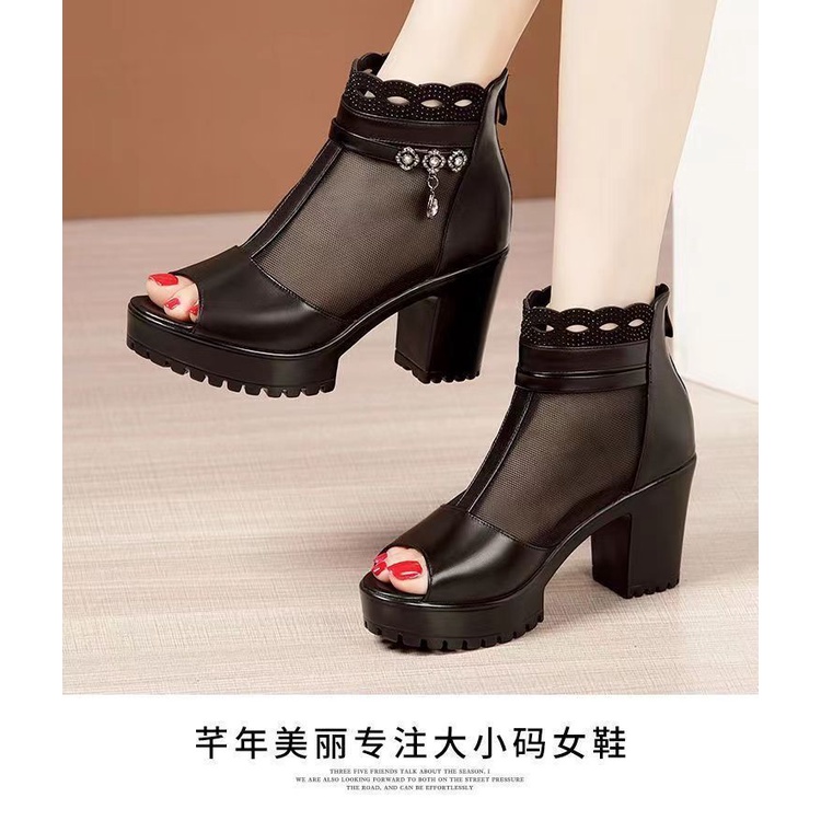 Giày Sandal Cao Gót Hở Mũi Chất Liệu Da Thật Phối Lưới Thời Trang Mùa Hè Cho Nữ