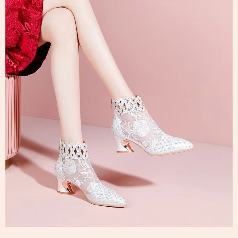 Giày Bốt Martin Gót Dày Phối Lưới Đính Đá Thời Trang Xuân Hè 2023 Mới Cho Nữ