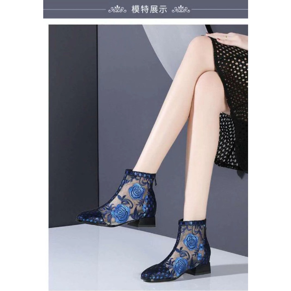 Giày Bốt Da Đế Bằng Phối Lưới Thêu Hoa Xinh Xắn Thời Trang Xuân Hè Cho Nữ