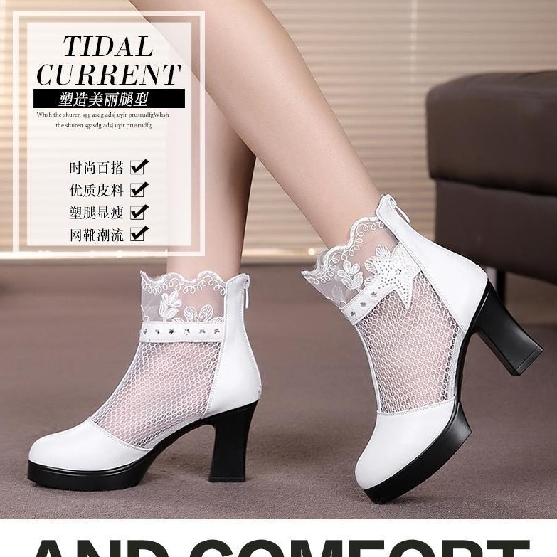 Giày Bốt Cao Gót Bằng Da Thật Phối Lưới Thoáng Khí Thời Trang Mùa Xuân Cho Nữ