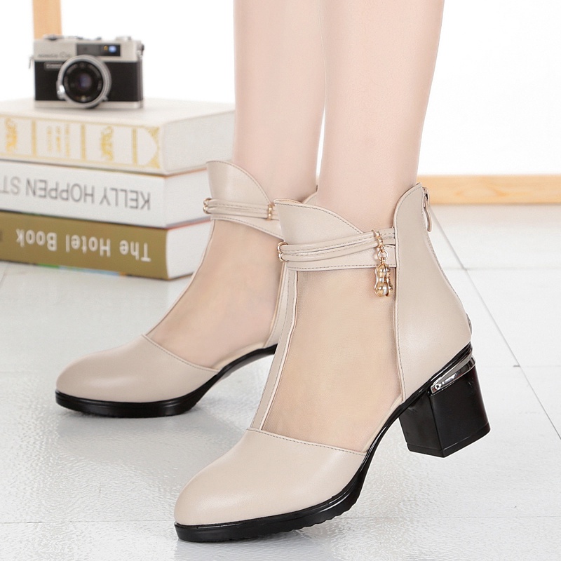 Giày Bốt Cao Gót Bằng Da Phối Lưới Rỗng Cỡ Lớn Thời Trang Xuân Thu Cho Nữ