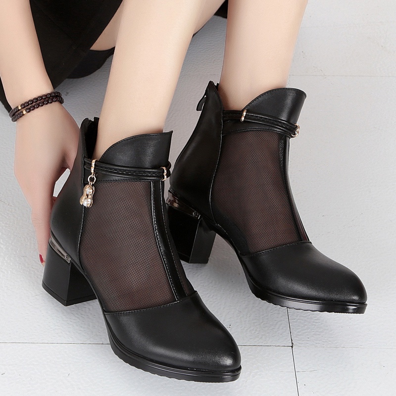 Giày Bốt Cao Gót Bằng Da Phối Lưới Rỗng Cỡ Lớn Thời Trang Xuân Thu Cho Nữ