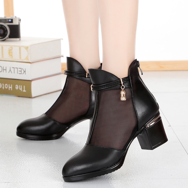 Giày Bốt Cao Gót Bằng Da Phối Lưới Rỗng Cỡ Lớn Thời Trang Xuân Thu Cho Nữ