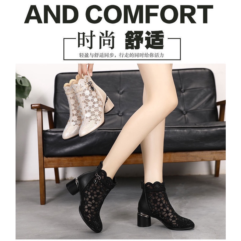 Giày Bốt Cao Gót Da Mềm Phối Lưới Thoáng Khí Đính Đá Thời Trang Xuân Hè 2022 Cho Nữ