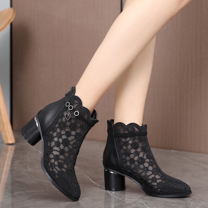 Giày Bốt Da Thật Đế Dày Phối Lưới Thoáng Khí Đính Đá Thời Trang Mùa Xuân 2023