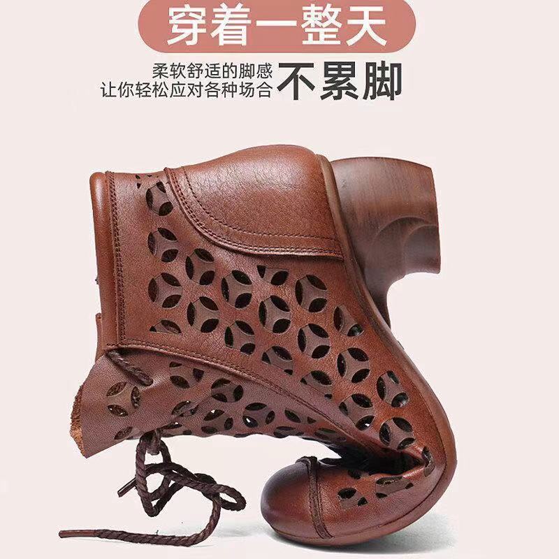 Giày Bốt Da Mềm Gót Vừa Mũi Tròn Đục Lỗ Thoáng Khí Kiểu Retro Thời Trang Mùa Hè 2021