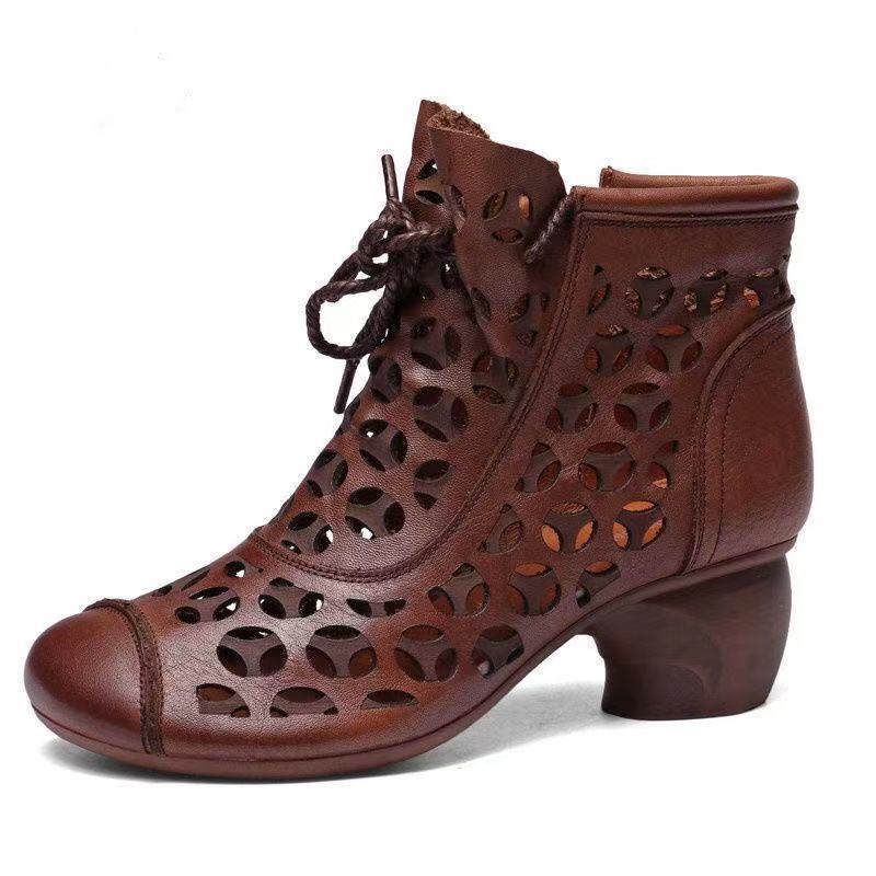 Giày Bốt Da Mềm Gót Vừa Mũi Tròn Đục Lỗ Thoáng Khí Kiểu Retro Thời Trang Mùa Hè 2021