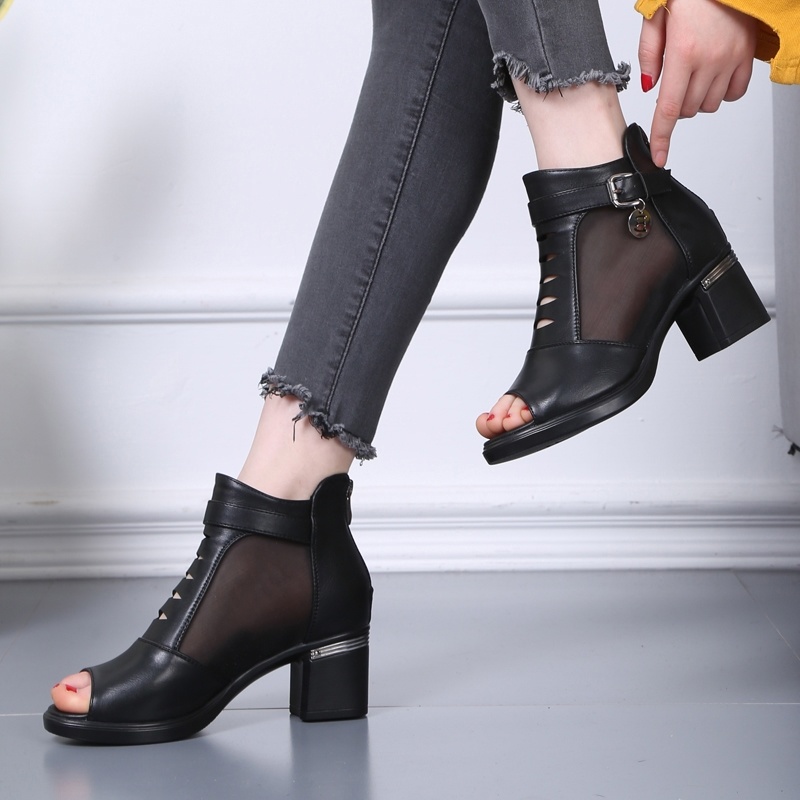 Giày Sandal Gót Thấp Hở Mũi Bằng Da Thật Thời Trang Xuân Hè 2022