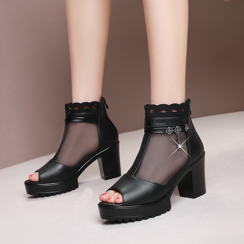 Giày Bốt Da Mềm Gót Dày Hở Mũi Phối Lưới Thời Trang Xuân Hè 2022 Cho Nữ