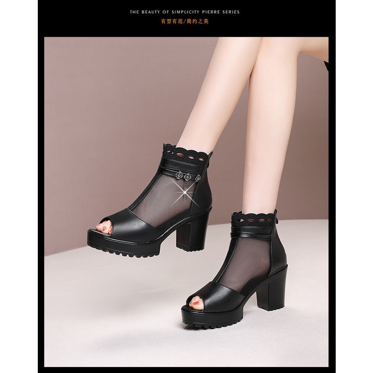 Giày Bốt Da Mềm Gót Dày Hở Mũi Phối Lưới Thời Trang Xuân Hè 2022 Cho Nữ