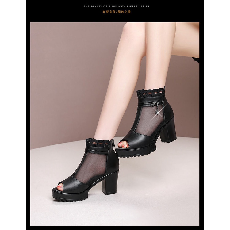 Giày Bốt Da Mềm Gót Dày Hở Mũi Phối Lưới Thời Trang Xuân Hè 2022 Cho Nữ