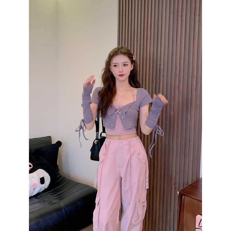 Jiashucheng Áo Thun Ngắn Tay Phối Áo Khoác Cardigan Hai Dây Thời Trang Mùa Hè Cho Nữ