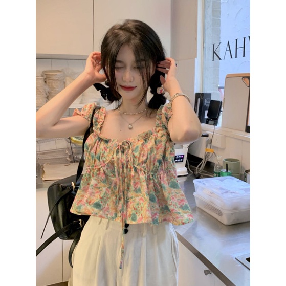 Jiashucheng Áo Sơ Mi Ngắn Tay Phồng Cột Dây In Hoa Mùa Hè Dòng Sữa Muối Ngọt Ngào Cho Bé Gái