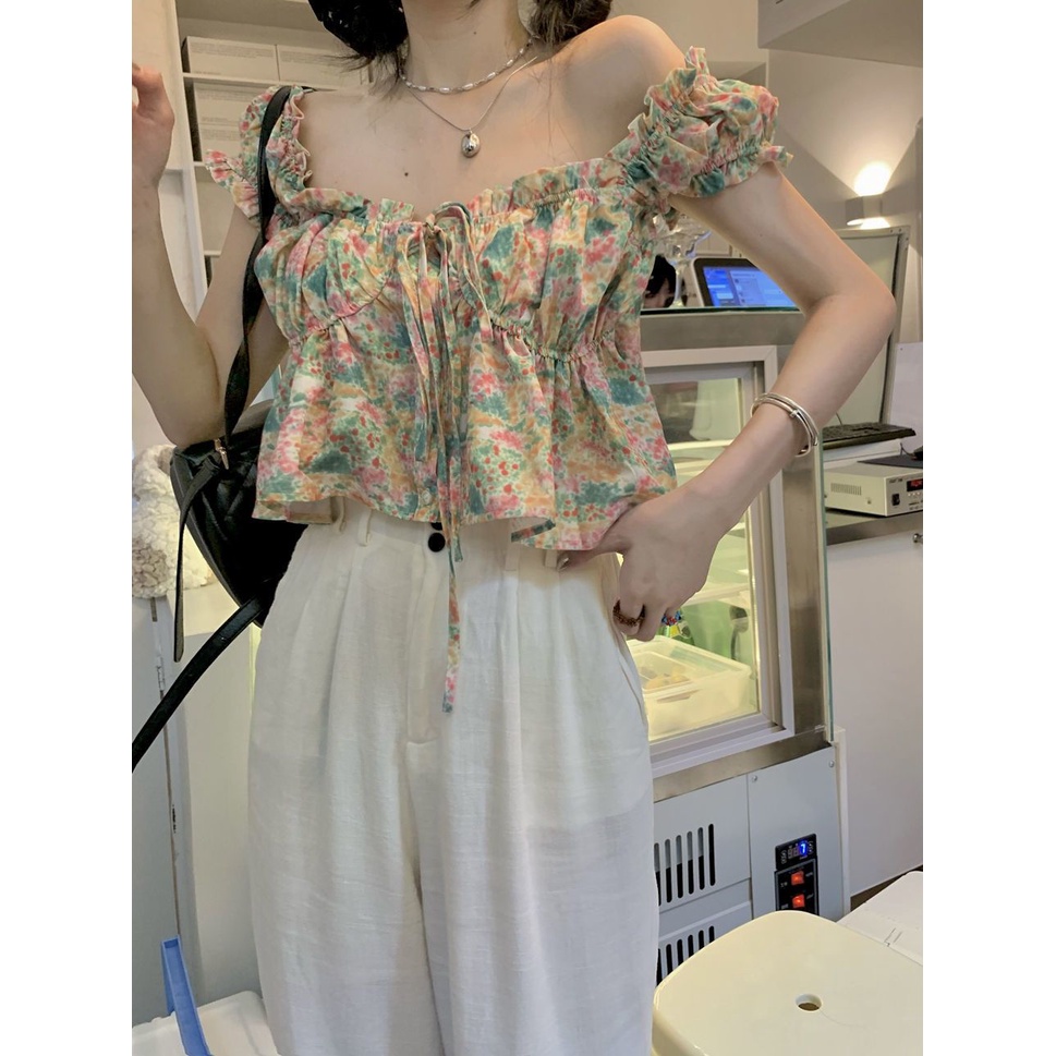 Jiashucheng Áo Sơ Mi Ngắn Tay Phồng Cột Dây In Hoa Mùa Hè Dòng Sữa Muối Ngọt Ngào Cho Bé Gái