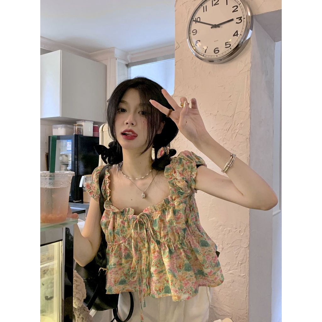 Jiashucheng Áo Sơ Mi Ngắn Tay Phồng Cột Dây In Hoa Mùa Hè Dòng Sữa Muối Ngọt Ngào Cho Bé Gái