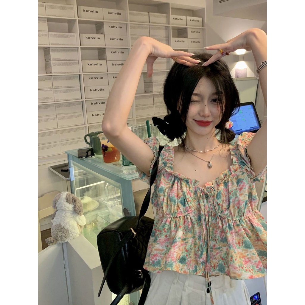 Jiashucheng Áo Sơ Mi Ngắn Tay Phồng Cột Dây In Hoa Mùa Hè Dòng Sữa Muối Ngọt Ngào Cho Bé Gái