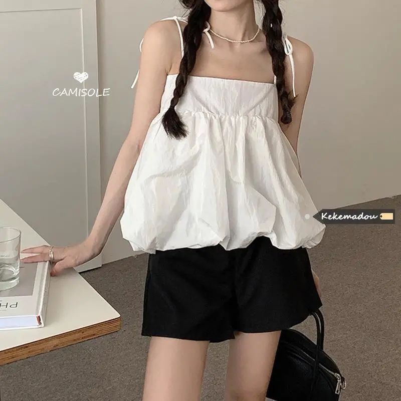 Jiashucheng Sister Áo Sơ Mi Hai Dây Dáng Rộng Cột Dây Màu Trơn Phong Cách Mới Mùa Hè Ngọt Ngào Cho Nữ