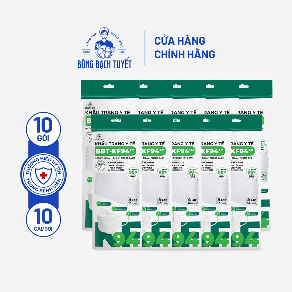 Combo 10 Gói Khẩu trang Bông Bạch Tuyết KF94 4 lớp trắng (10 cái/gói)