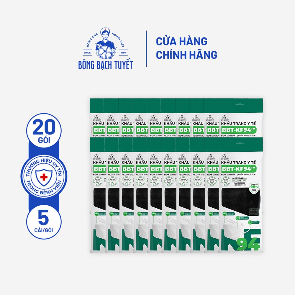 Combo 20 Gói Khẩu trang Bông Bạch Tuyết KF94 Đen (5 cái/gói)