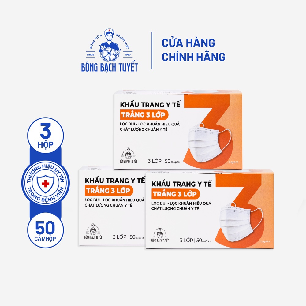 Combo 3 Hộp Khẩu trang Bông Bạch Tuyết 3 lớp trắng (50 cái/hộp)