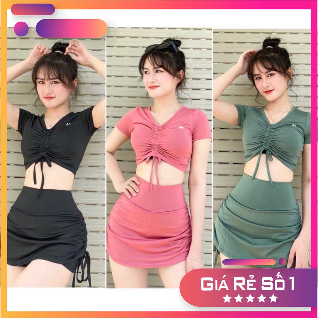 Đồ tập gym nữ, tập gym yoga erobic nữ áo có tay rút dây giữa quần chân váy 2 lớp rút dây 2 bên