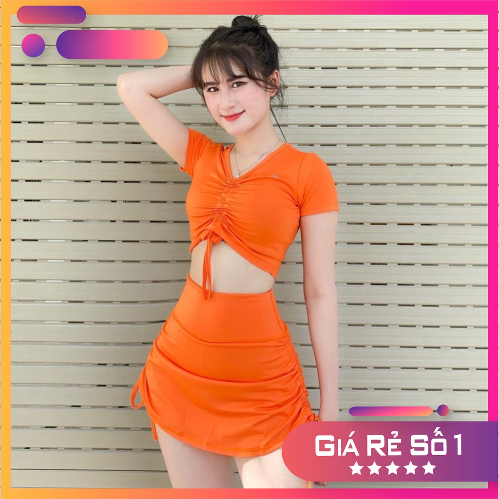 Đồ tập gym nữ, tập gym yoga erobic nữ áo có tay rút dây giữa quần chân váy 2 lớp rút dây 2 bên