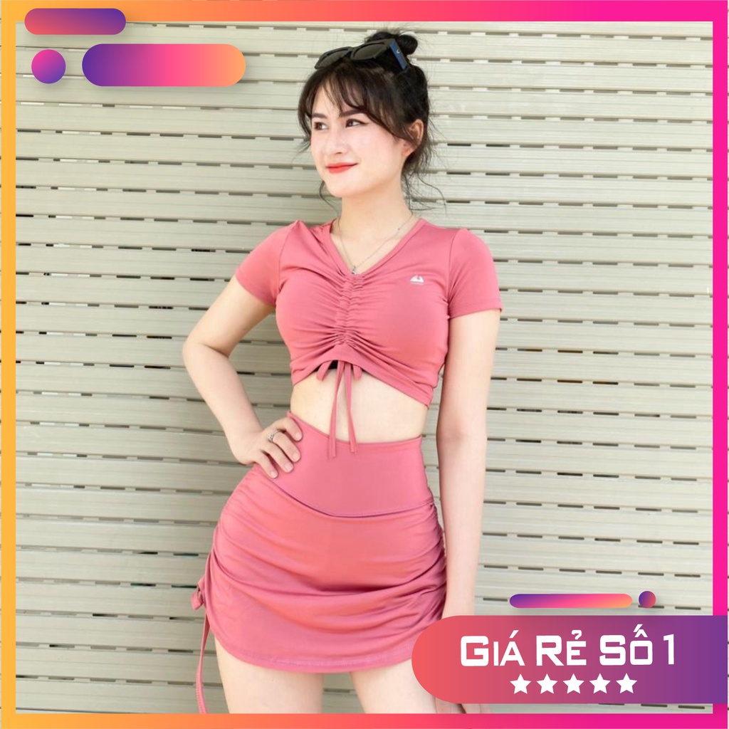 Đồ tập gym nữ, tập gym yoga erobic nữ áo có tay rút dây giữa quần chân váy 2 lớp rút dây 2 bên