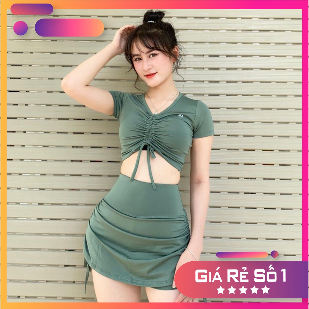 Đồ tập gym nữ, tập gym yoga erobic nữ áo có tay rút dây giữa quần chân váy 2 lớp rút dây 2 bên