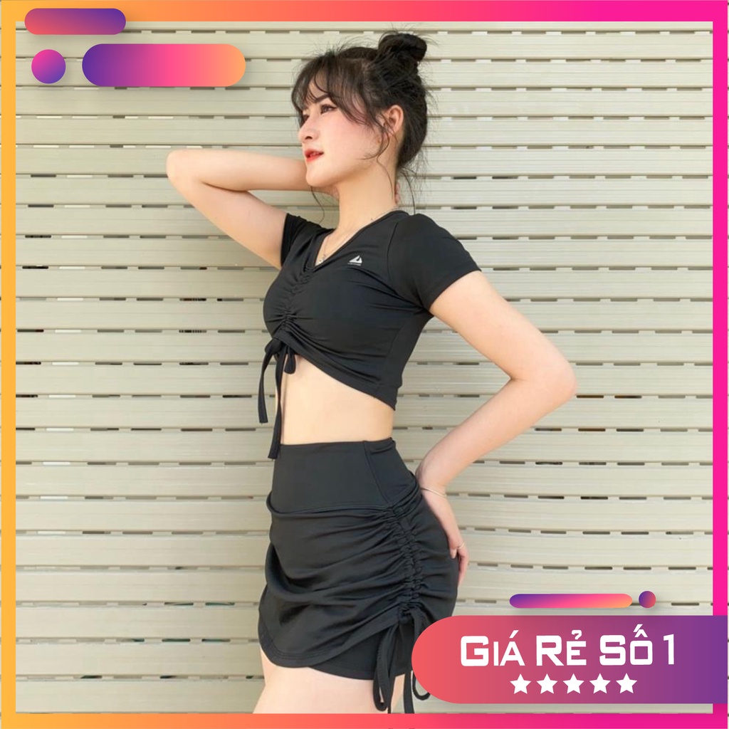 Đồ tập gym nữ, tập gym yoga erobic nữ áo có tay rút dây giữa quần chân váy 2 lớp rút dây 2 bên