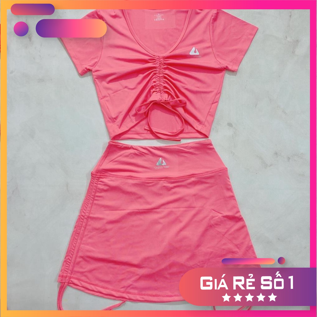 Đồ tập gym nữ, tập gym yoga erobic nữ áo có tay rút dây giữa quần chân váy 2 lớp rút dây 2 bên