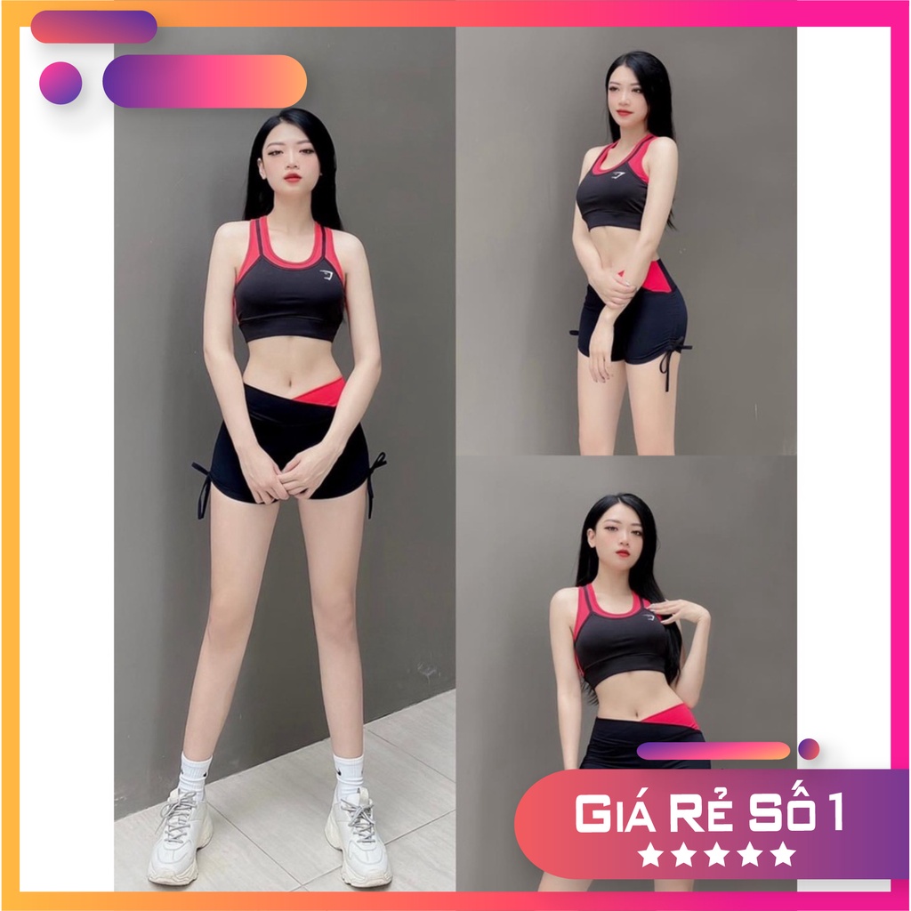 Đồ tập gym nữ bộ tập gym yoga erobic nữ áo bra quần sooc rút dây cạp chéo phối màu
