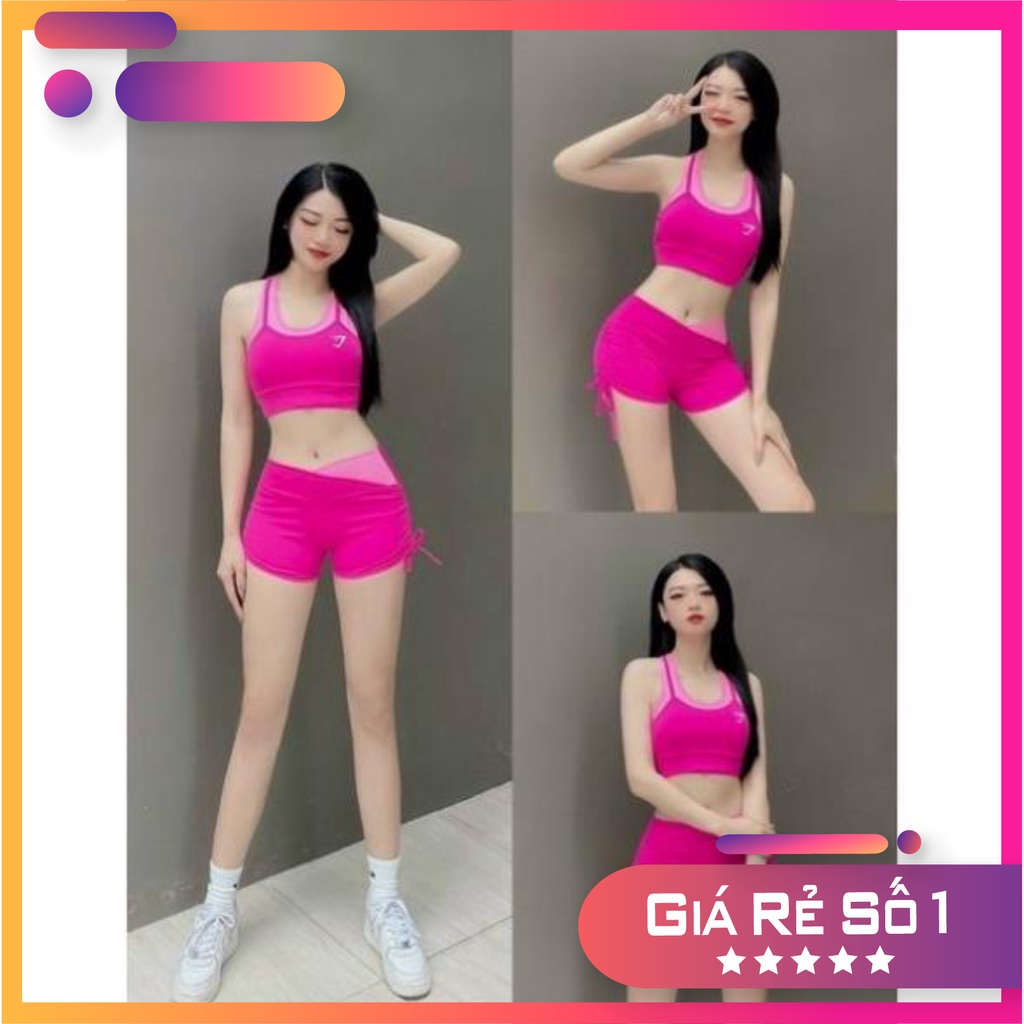 Đồ tập gym nữ bộ tập gym yoga erobic nữ áo bra quần sooc rút dây cạp chéo phối màu