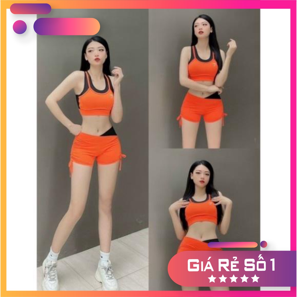 Đồ tập gym nữ bộ tập gym yoga erobic nữ áo bra quần sooc rút dây cạp chéo phối màu