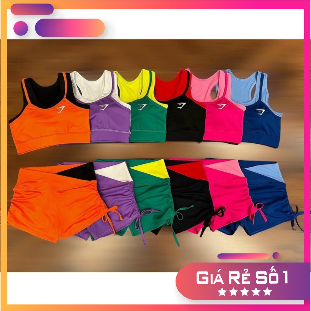 Đồ tập gym nữ bộ tập gym yoga erobic nữ áo bra quần sooc rút dây cạp chéo phối màu