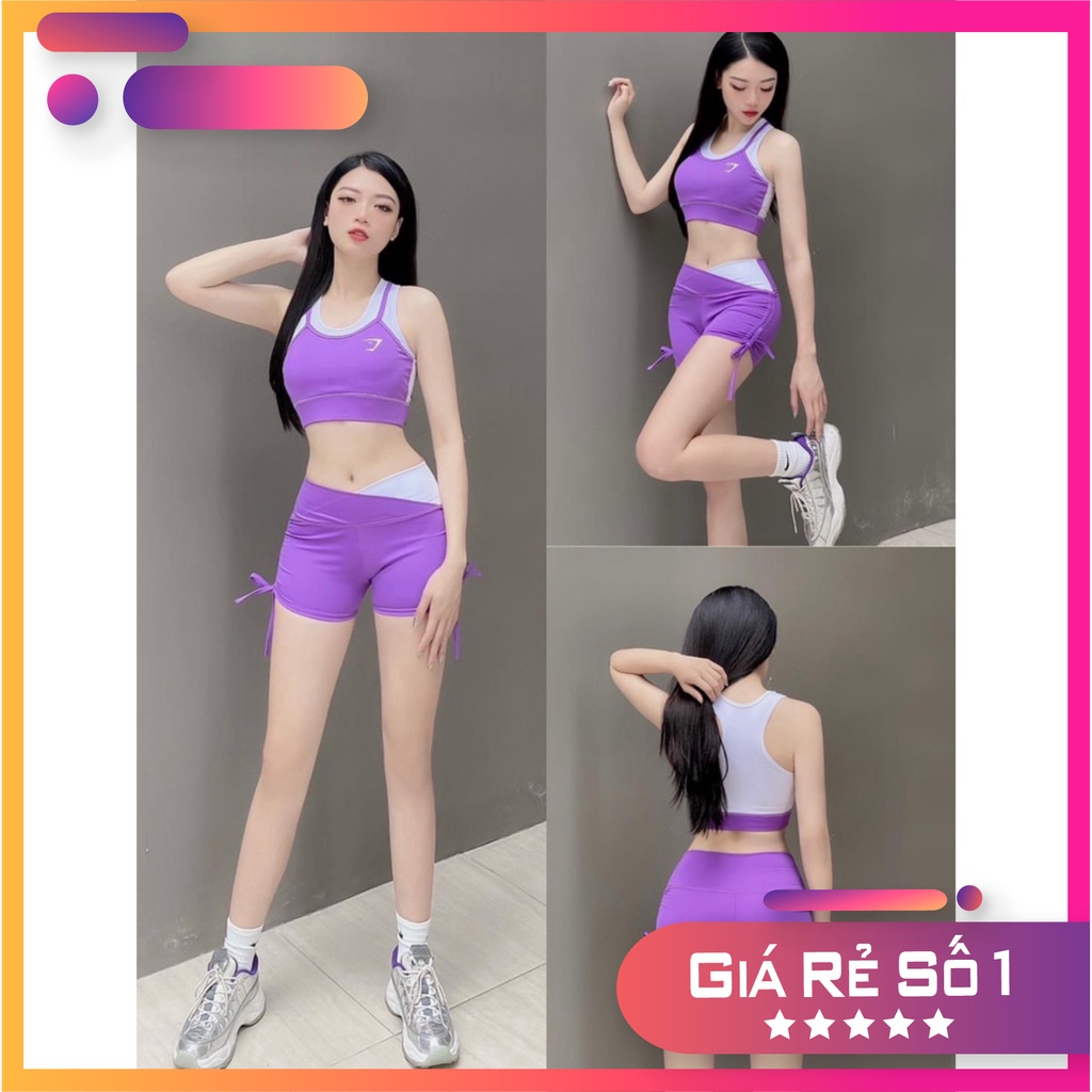 Đồ tập gym nữ bộ tập gym yoga erobic nữ áo bra quần sooc rút dây cạp chéo phối màu