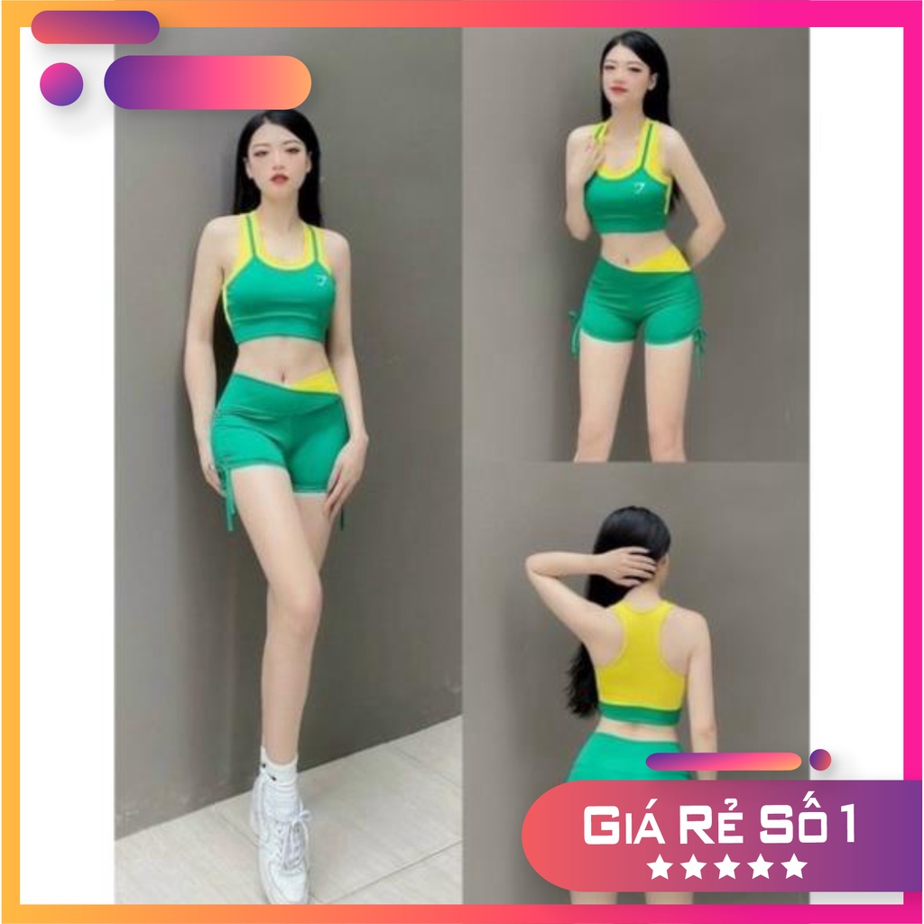 Đồ tập gym nữ bộ tập gym yoga erobic nữ áo bra quần sooc rút dây cạp chéo phối màu