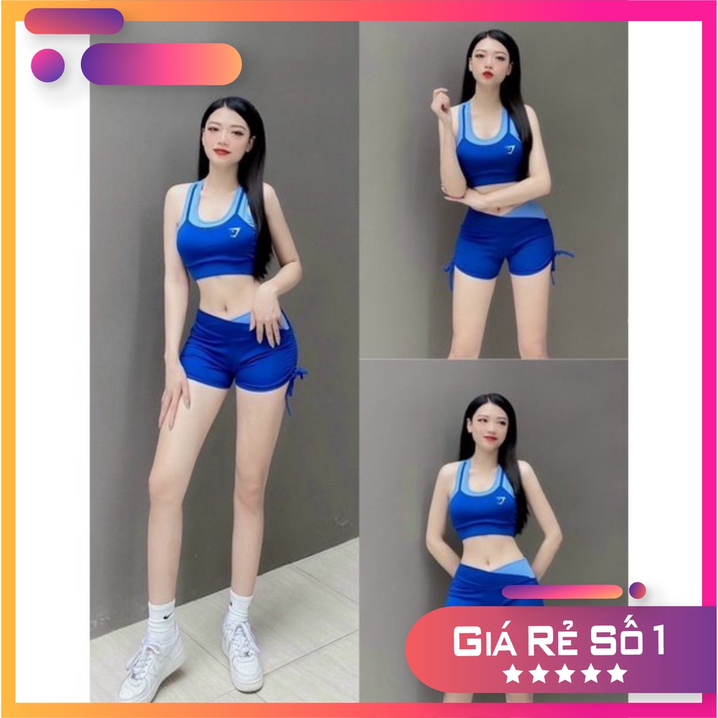 Đồ tập gym nữ bộ tập gym yoga erobic nữ áo bra quần sooc rút dây cạp chéo phối màu