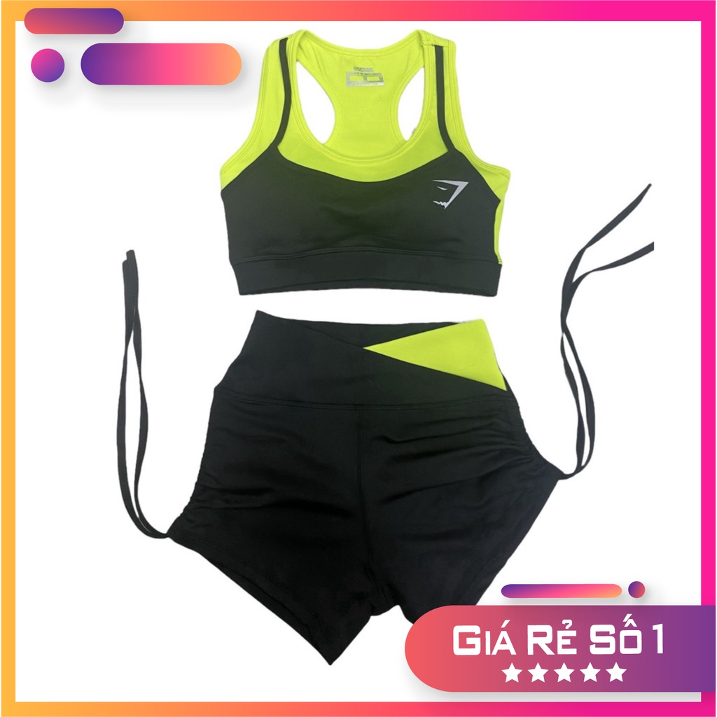 Đồ tập gym nữ bộ tập gym yoga erobic nữ áo bra quần sooc rút dây cạp chéo phối màu