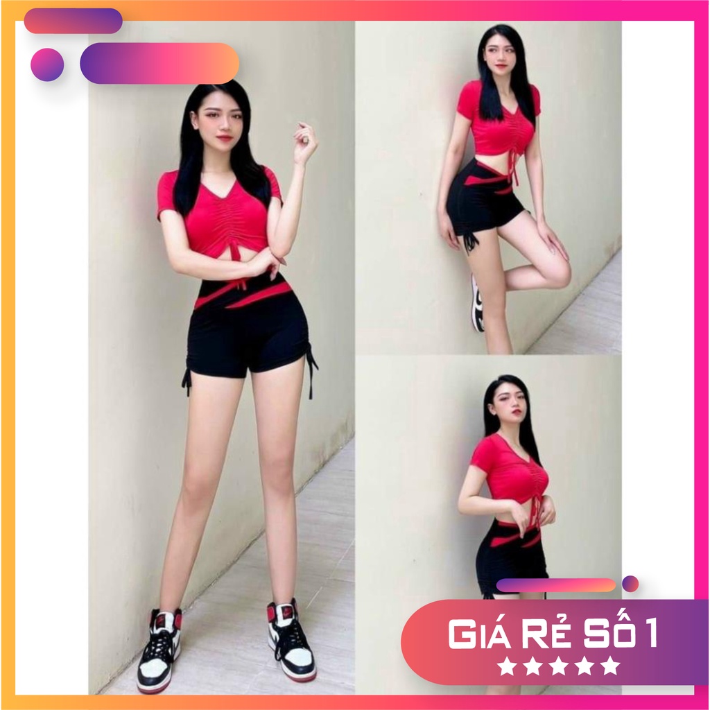 Đồ tập gym nữ, bộ tập gym erobic nữ áo có tay rút dây giữa quần đùi rút dây cạp chéo phối màu( Set đùi áo rút)-Ng12