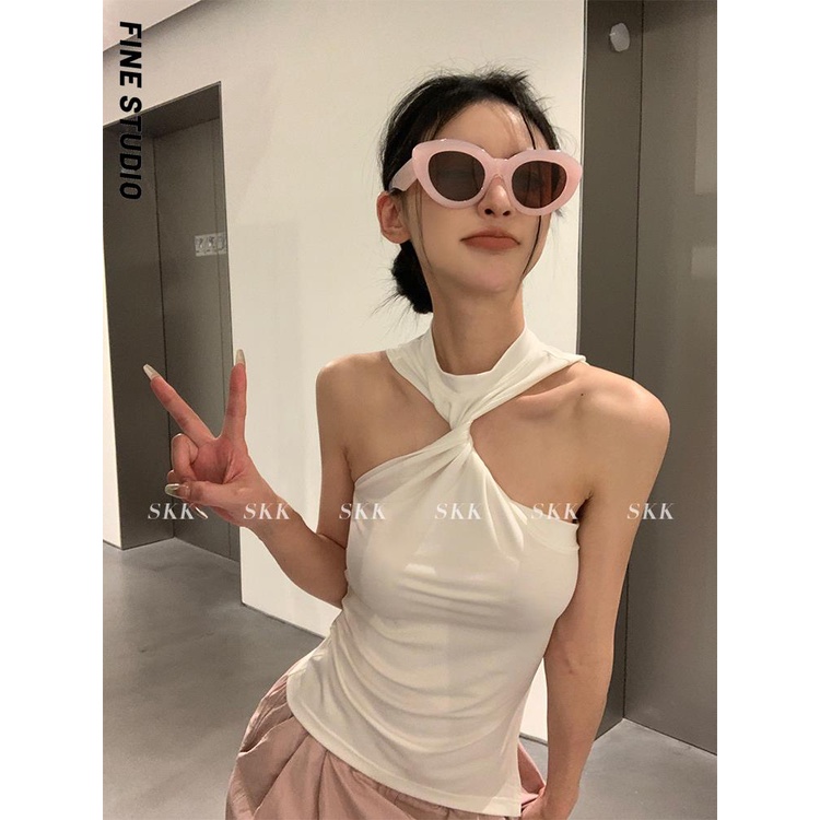 Fine Studio Áo Sát Nách Cổ Yếm Màu Trơn Phong Cách Niche Mùa Hè Nóng Bỏng Cho Nữ