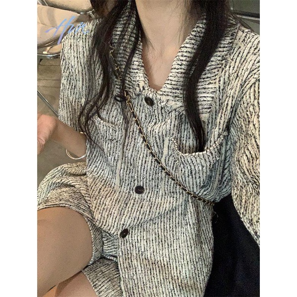 Bộ Áo Khoác Tay Ngắn Dáng Rộng Họa Tiết Kẻ Sọc + Quần Short Dáng Rộng Thời Trang Mùa Hè Cho Nữ