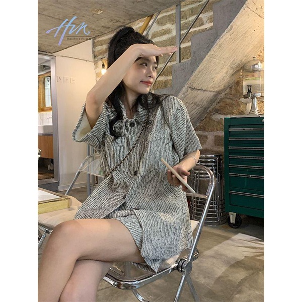 Bộ Áo Khoác Tay Ngắn Dáng Rộng Họa Tiết Kẻ Sọc + Quần Short Dáng Rộng Thời Trang Mùa Hè Cho Nữ