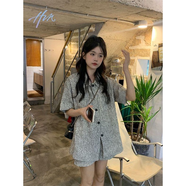 Bộ Áo Khoác Tay Ngắn Dáng Rộng Họa Tiết Kẻ Sọc + Quần Short Dáng Rộng Thời Trang Mùa Hè Cho Nữ