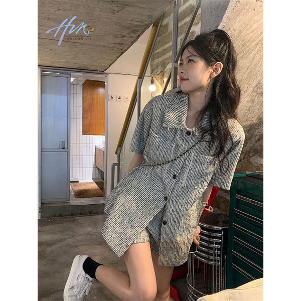 Bộ Áo Khoác Tay Ngắn Dáng Rộng Họa Tiết Kẻ Sọc + Quần Short Dáng Rộng Thời Trang Mùa Hè Cho Nữ
